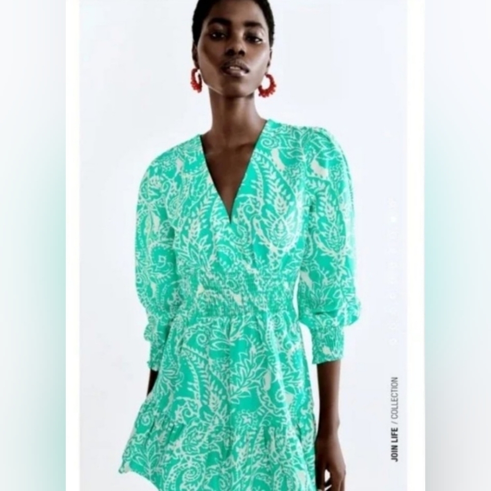 Zara Linen Long Sleeve Flirty Tropical Green Ruffled Linen Cotton Dress SIZE S